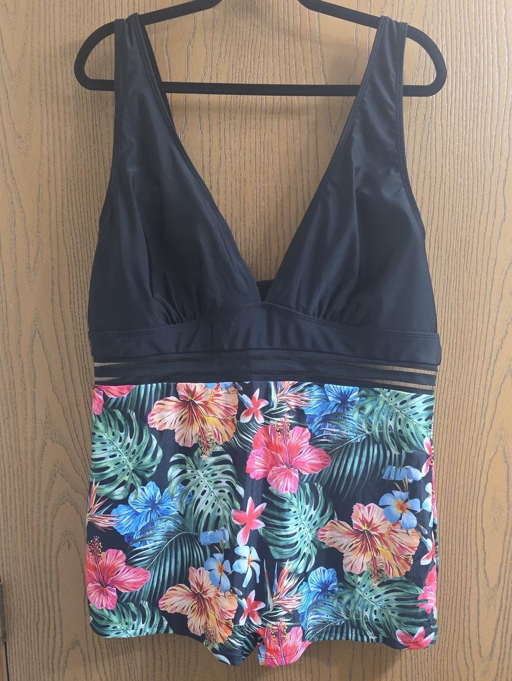 Black V-Neck Floral One-Piece Swimsuit